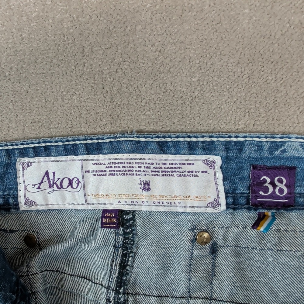 Akoo Y2K Streetwear Distressed Straight Leg Jeans 38 Blue Cotton Studded Wing - Picture 5 of 16